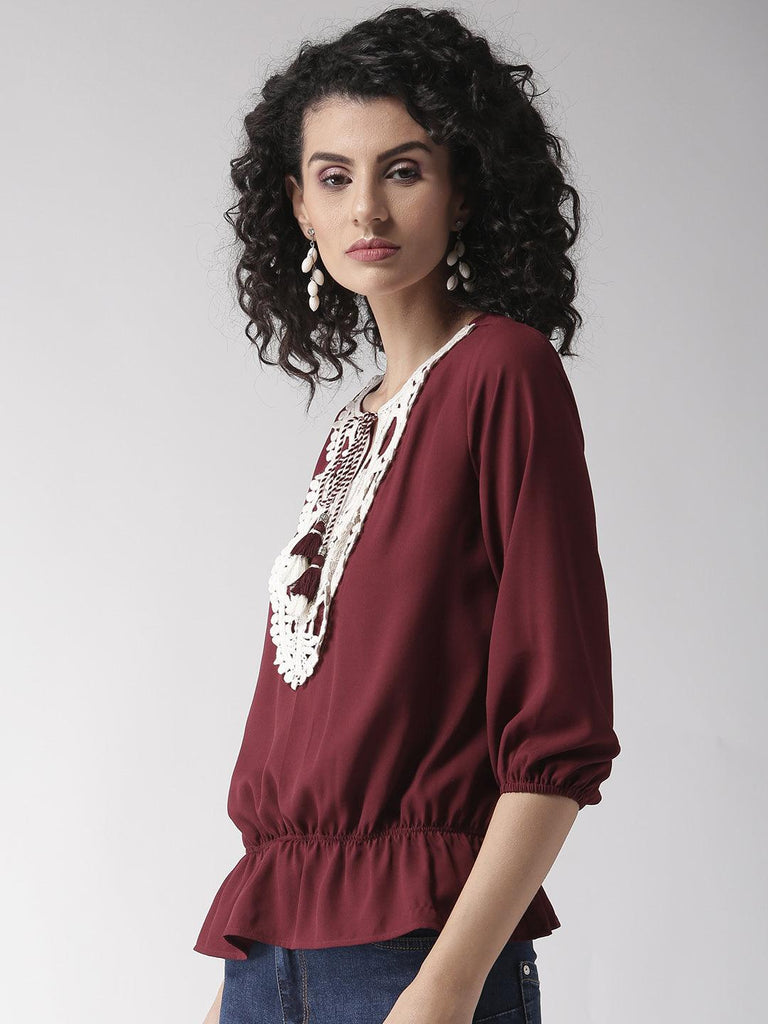 Women Maroon Lace Inserts Top-Tops-StyleQuotient