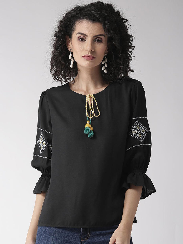 Women Black Solid Top-Tops-StyleQuotient