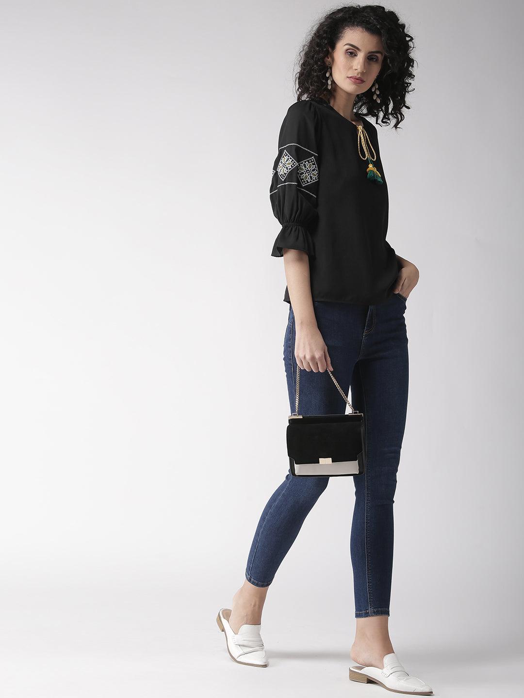 Women Black Solid Top-Tops-StyleQuotient