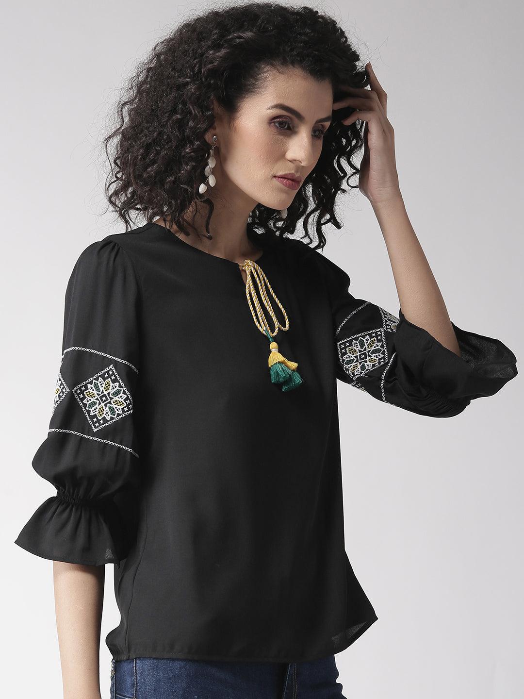 Women Black Solid Top-Tops-StyleQuotient