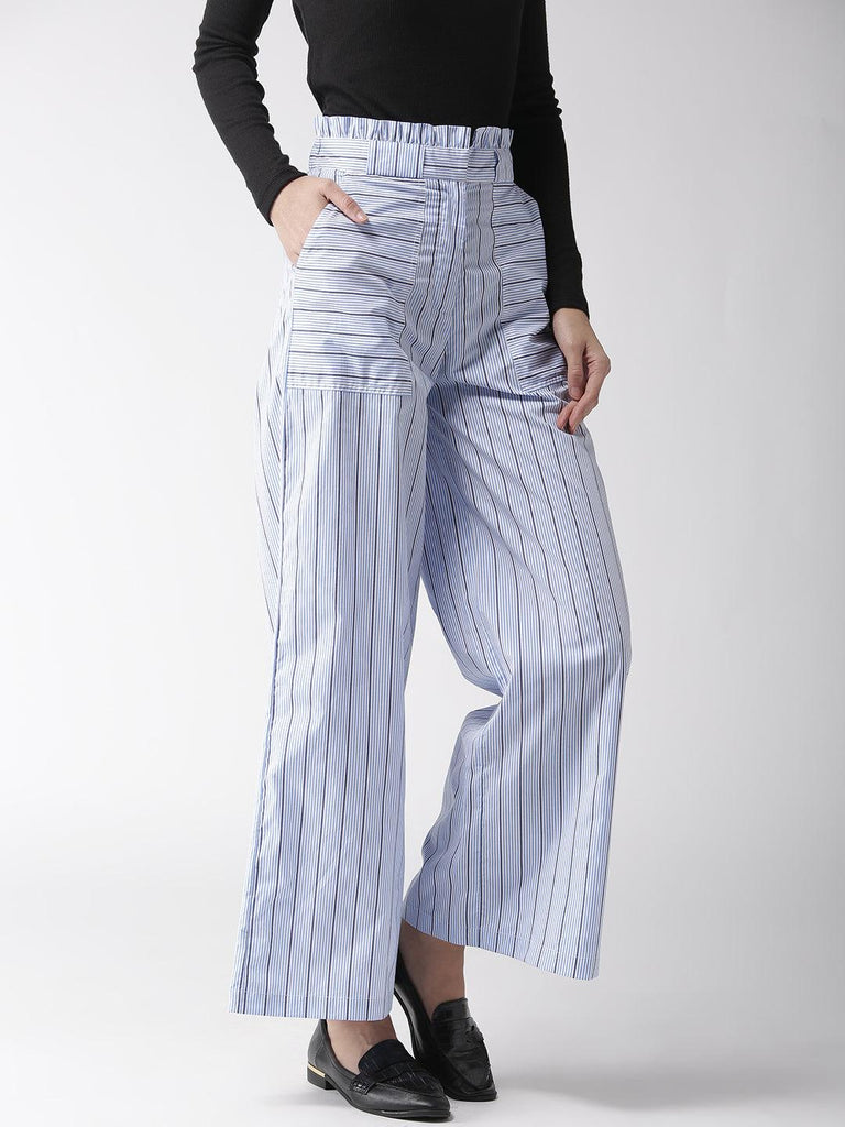 Women Blue & White Loose Fit Striped Parallel Trousers-Trousers-StyleQuotient