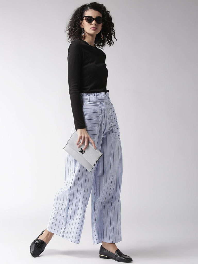 Women Blue & White Loose Fit Striped Parallel Trousers-Trousers-StyleQuotient