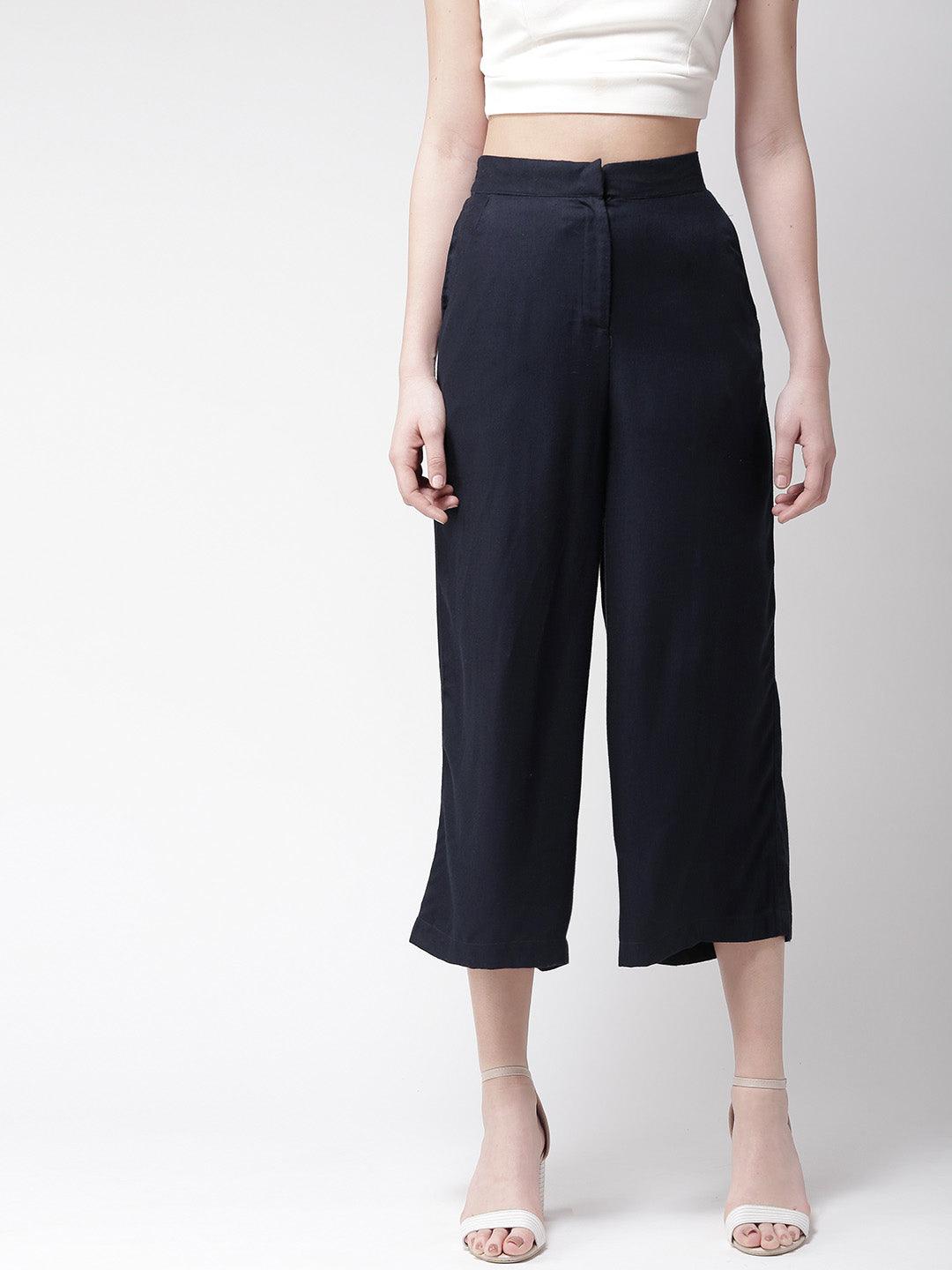 Women Navy Blue Original Loose Fit Solid Culottes-Trousers-StyleQuotient