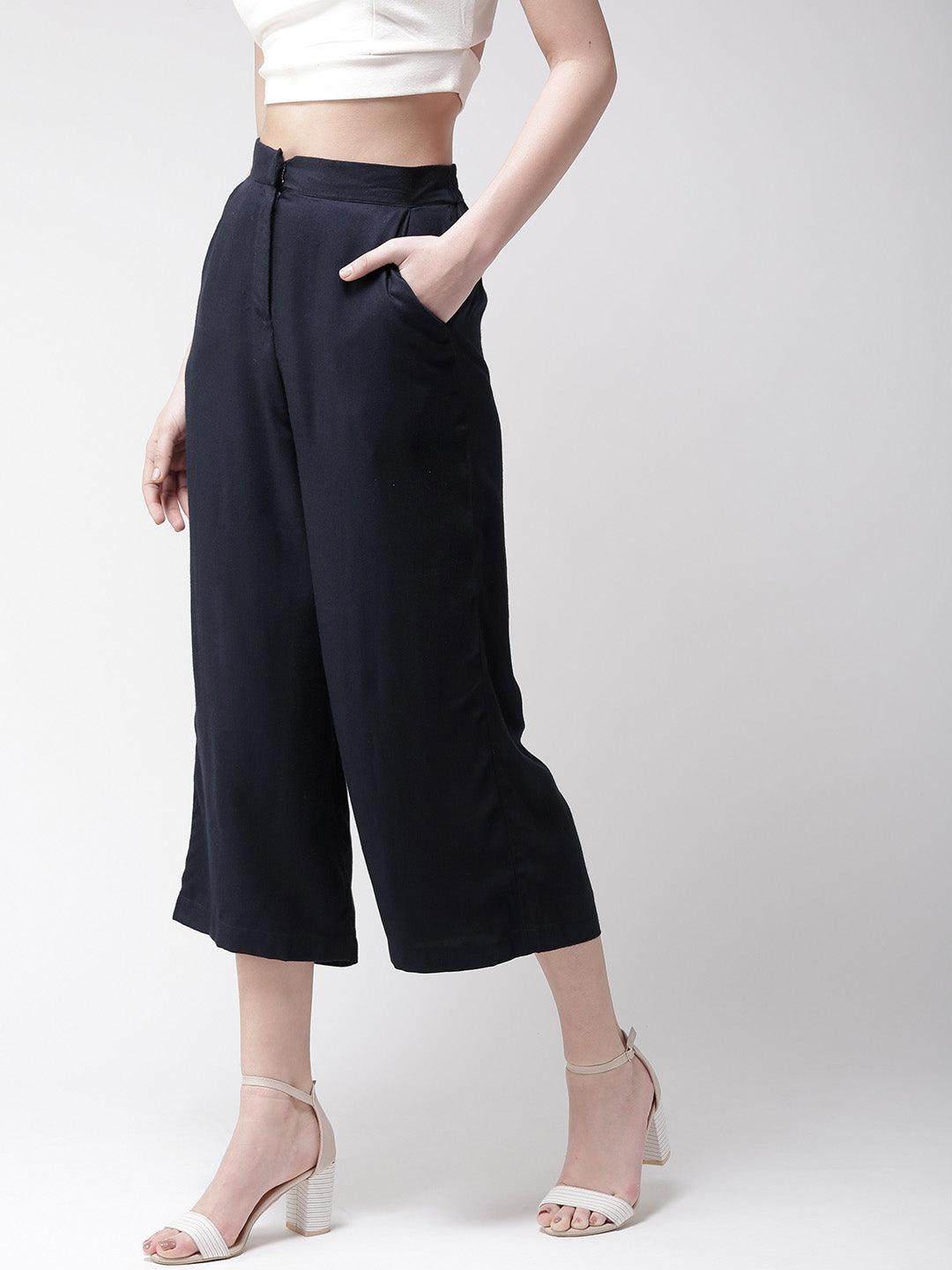 Women Navy Blue Original Loose Fit Solid Culottes-Trousers-StyleQuotient