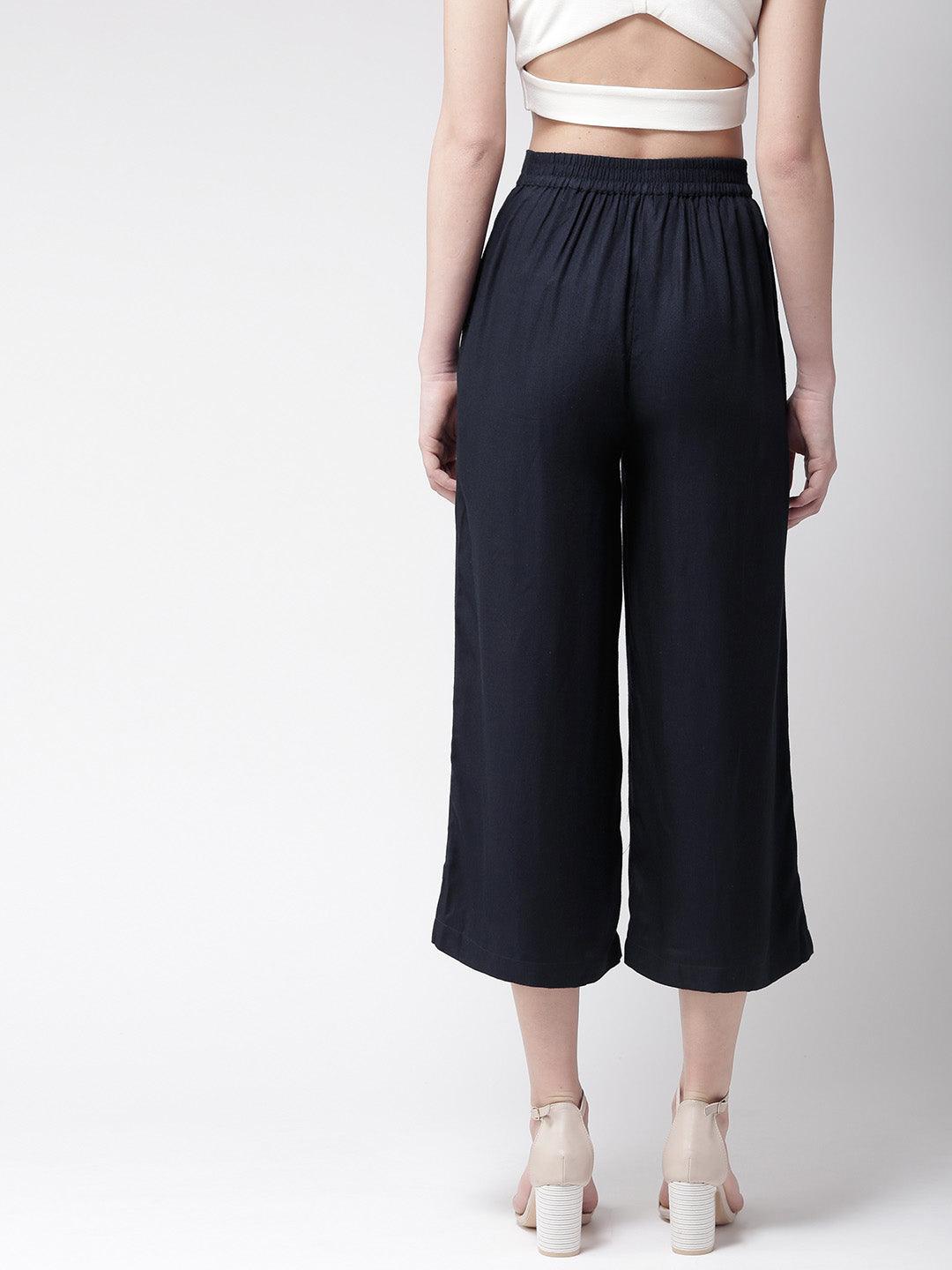 Women Navy Blue Original Loose Fit Solid Culottes-Trousers-StyleQuotient