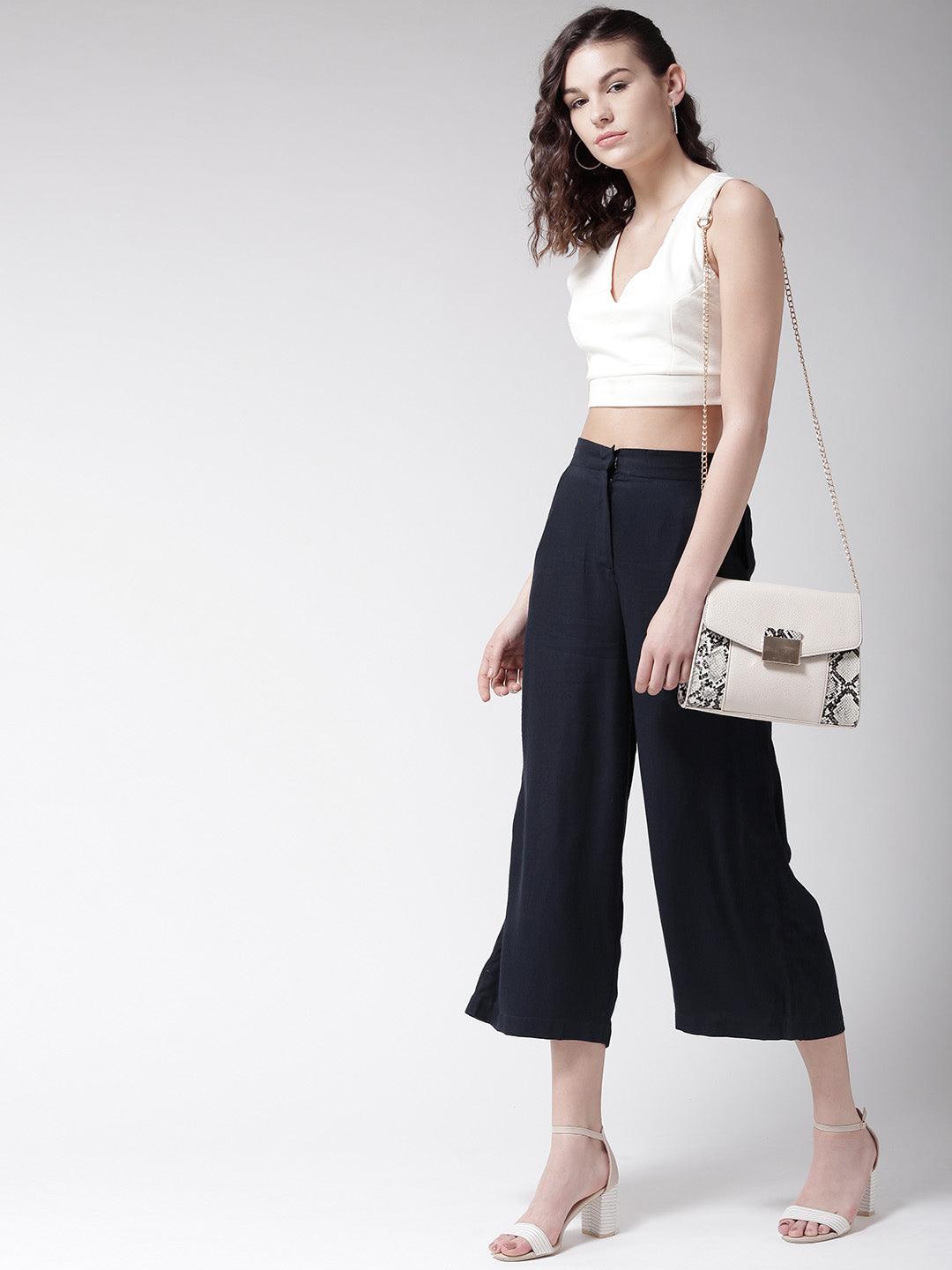 Women Navy Blue Original Loose Fit Solid Culottes-Trousers-StyleQuotient