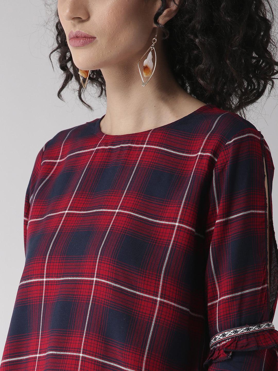 Women Maroon & Navy Blue Checked Top-Tops-StyleQuotient