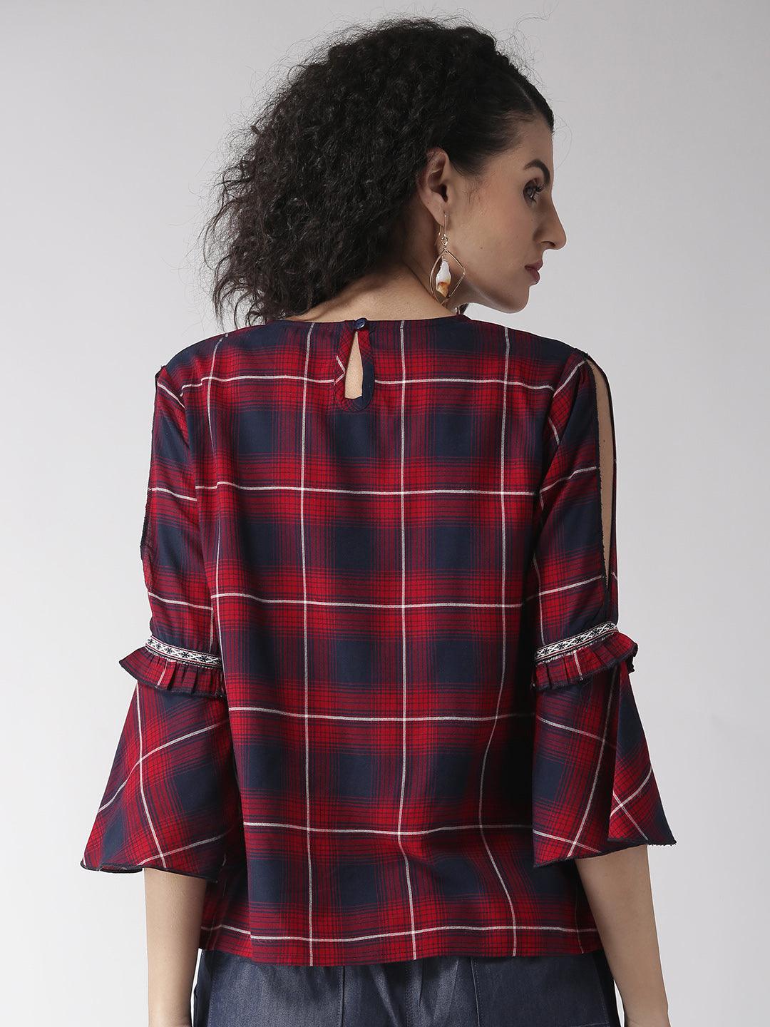 Women Maroon & Navy Blue Checked Top-Tops-StyleQuotient