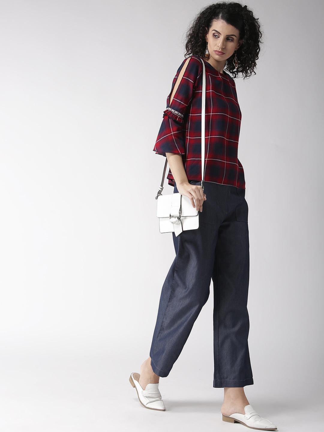 Women Maroon & Navy Blue Checked Top-Tops-StyleQuotient