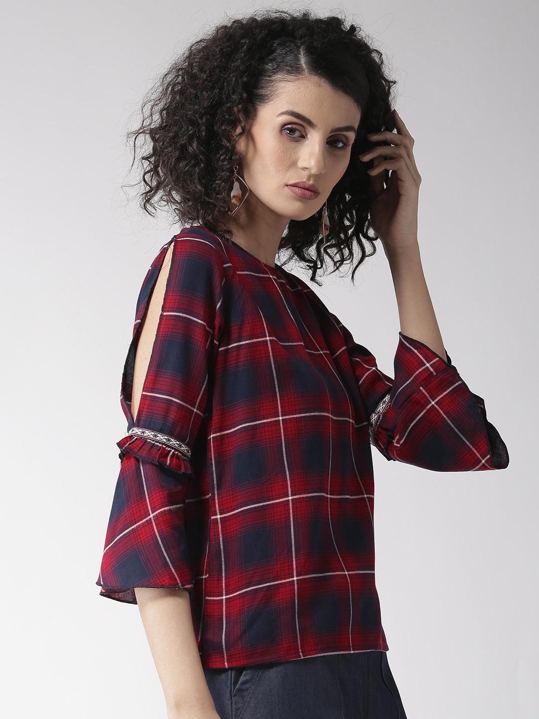 Women Maroon & Navy Blue Checked Top-Tops-StyleQuotient