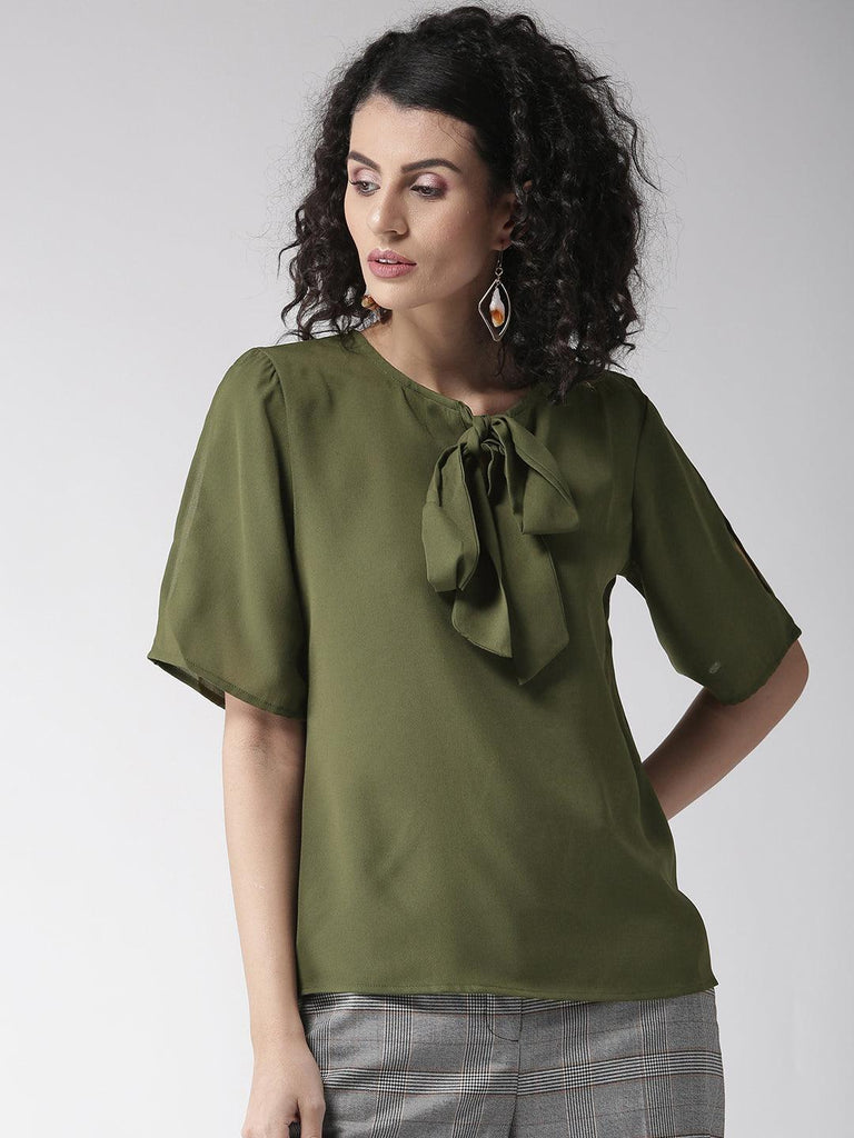 Women Olive Green Solid Top-Tops-StyleQuotient