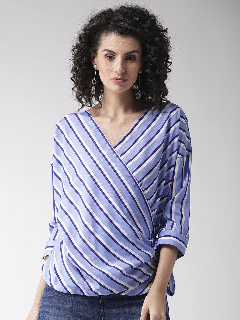 Women Blue & White Striped Wrap Top-Tops-StyleQuotient