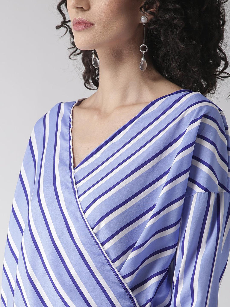 Women Blue & White Striped Wrap Top-Tops-StyleQuotient