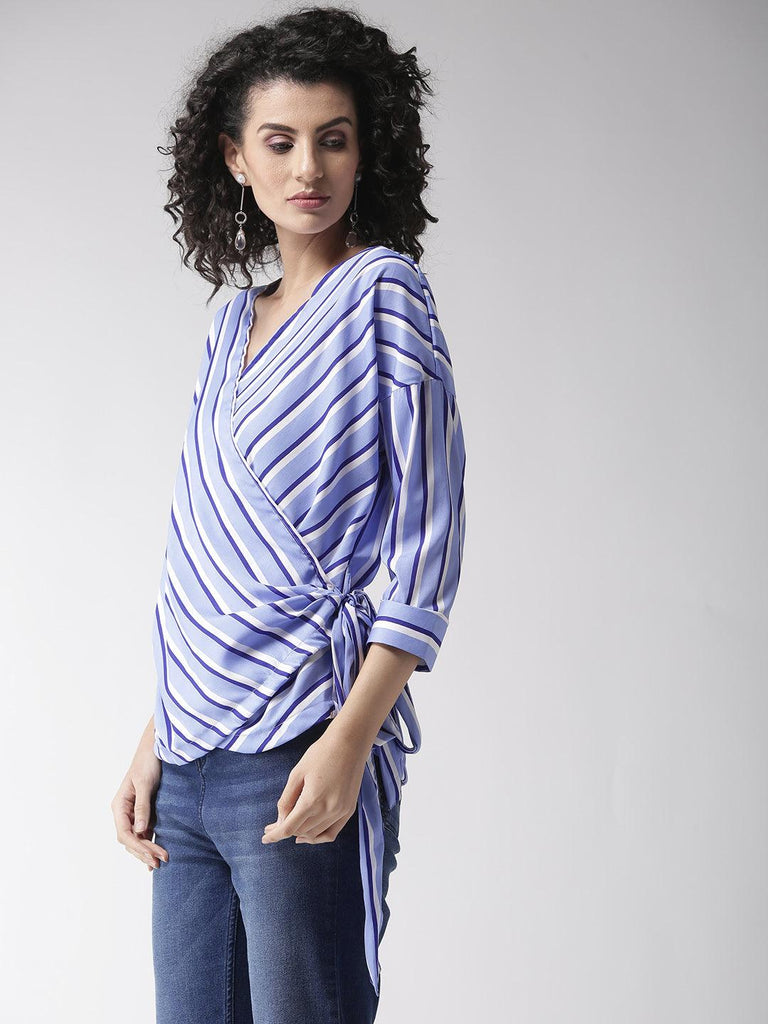 Women Blue & White Striped Wrap Top-Tops-StyleQuotient