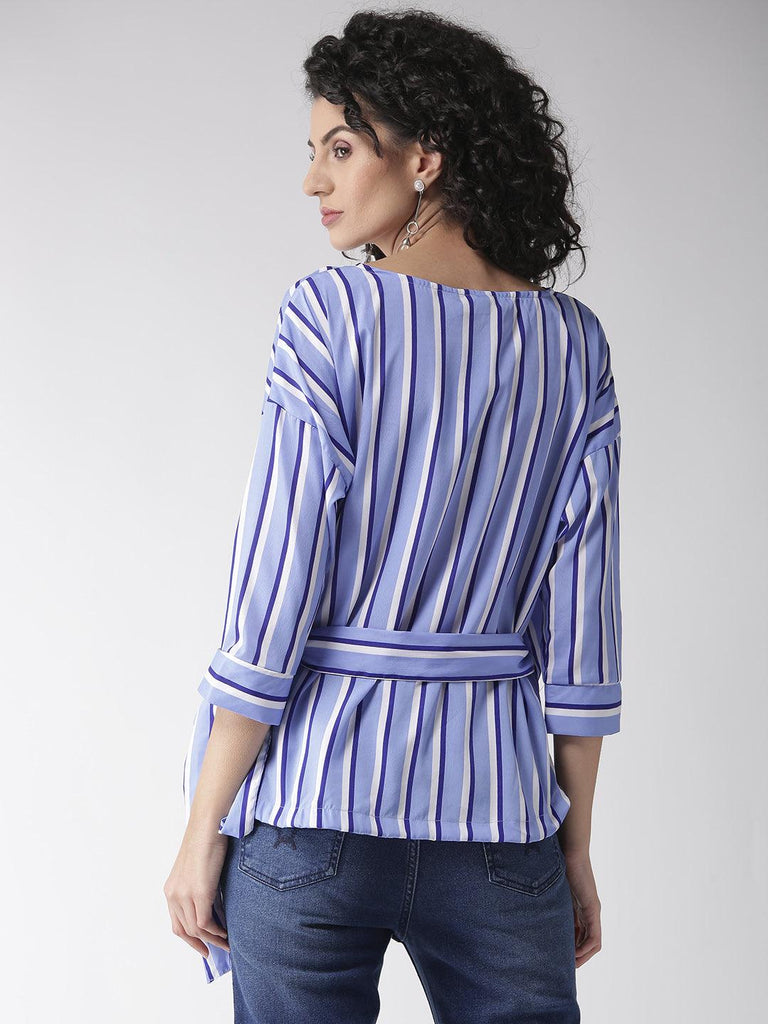 Women Blue & White Striped Wrap Top-Tops-StyleQuotient