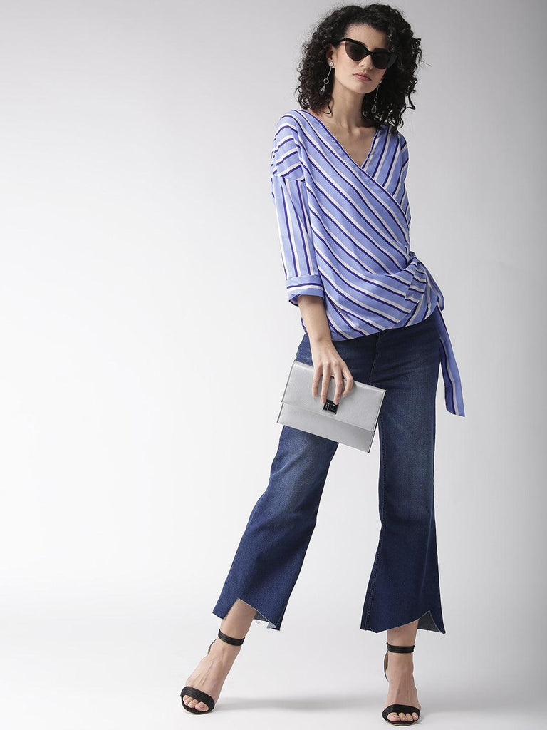 Women Blue & White Striped Wrap Top-Tops-StyleQuotient