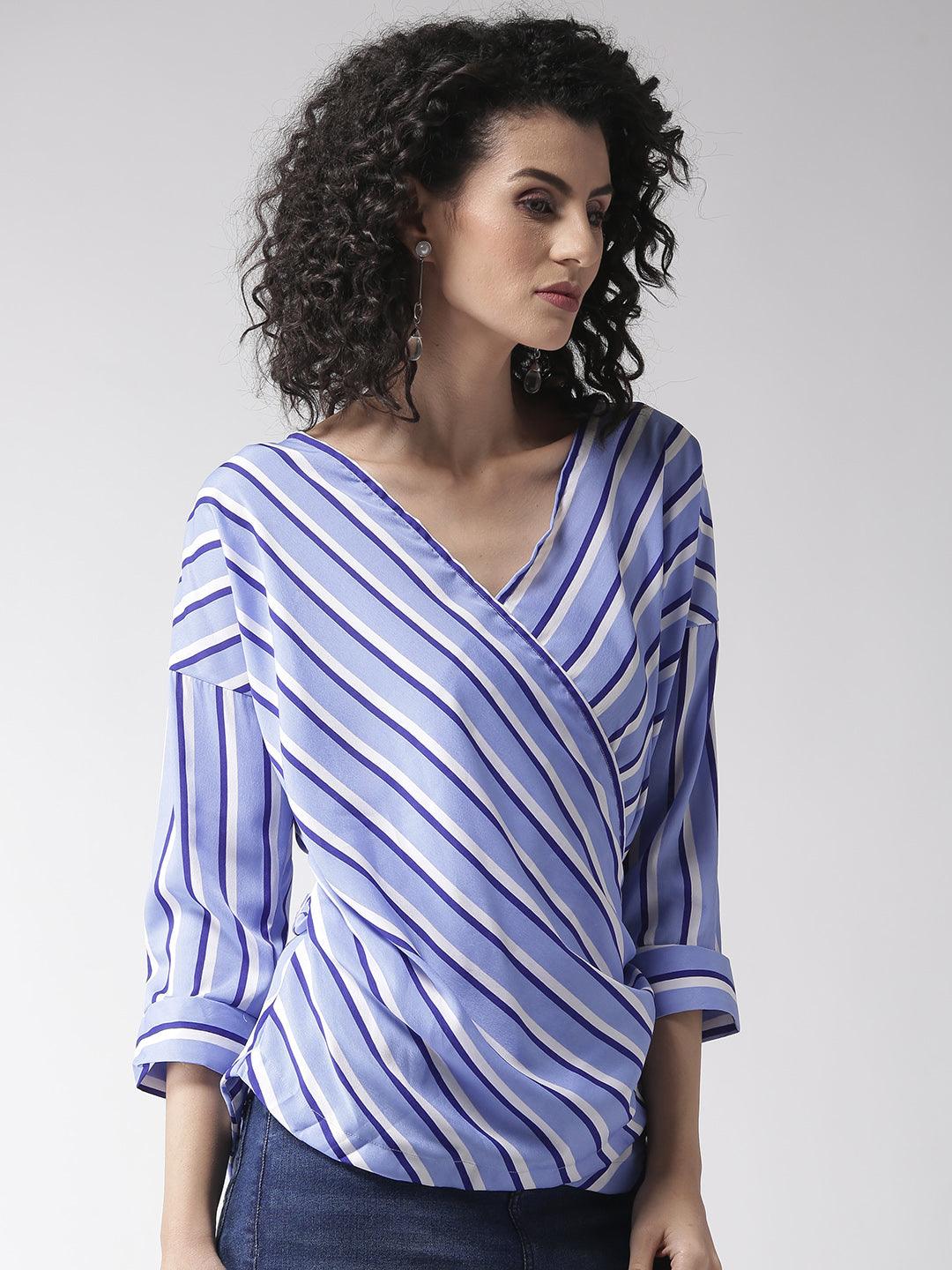 Women Blue & White Striped Wrap Top-Tops-StyleQuotient