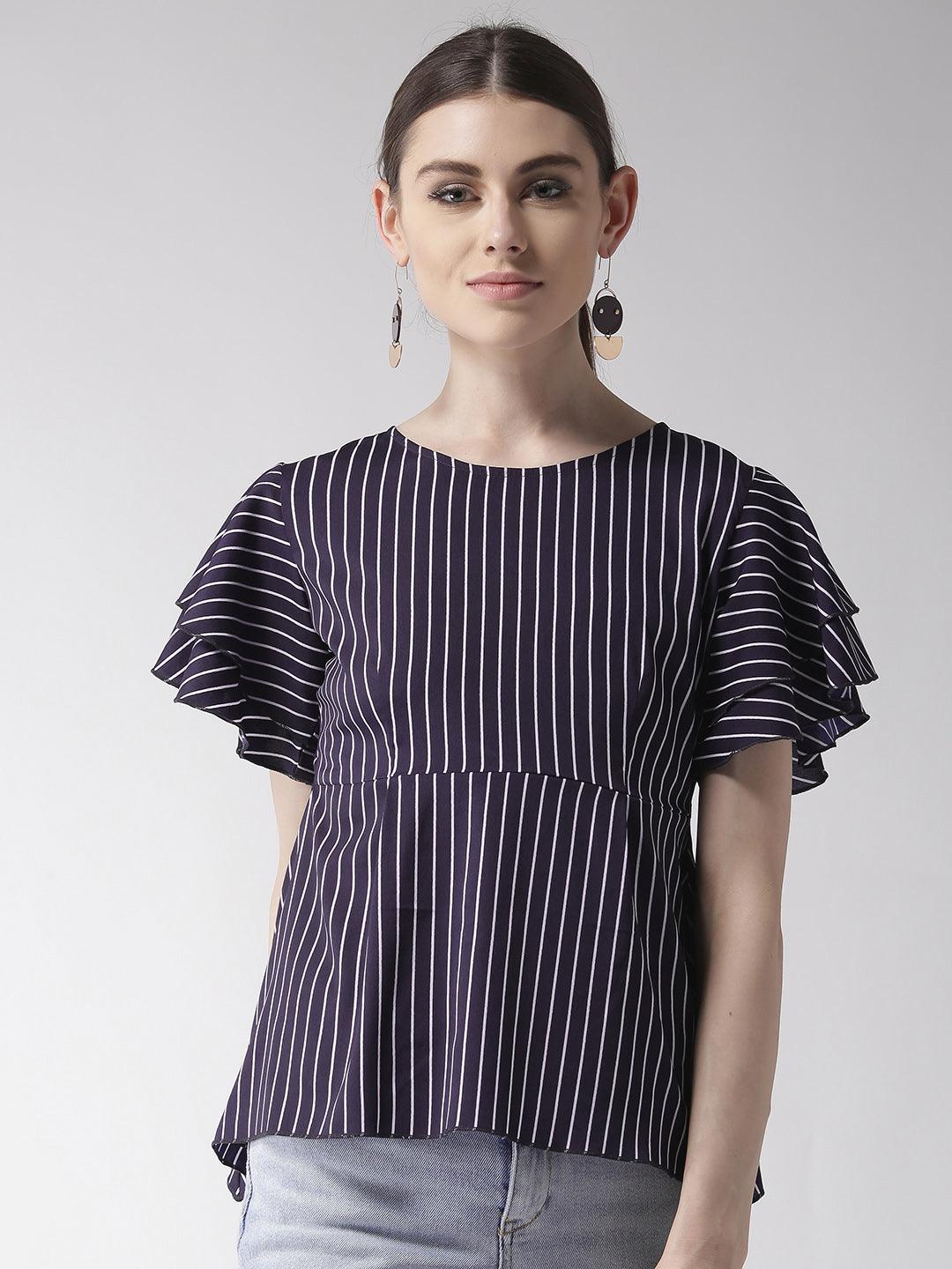 Women Navy Blue & White Striped A-Line Top-Tops-StyleQuotient