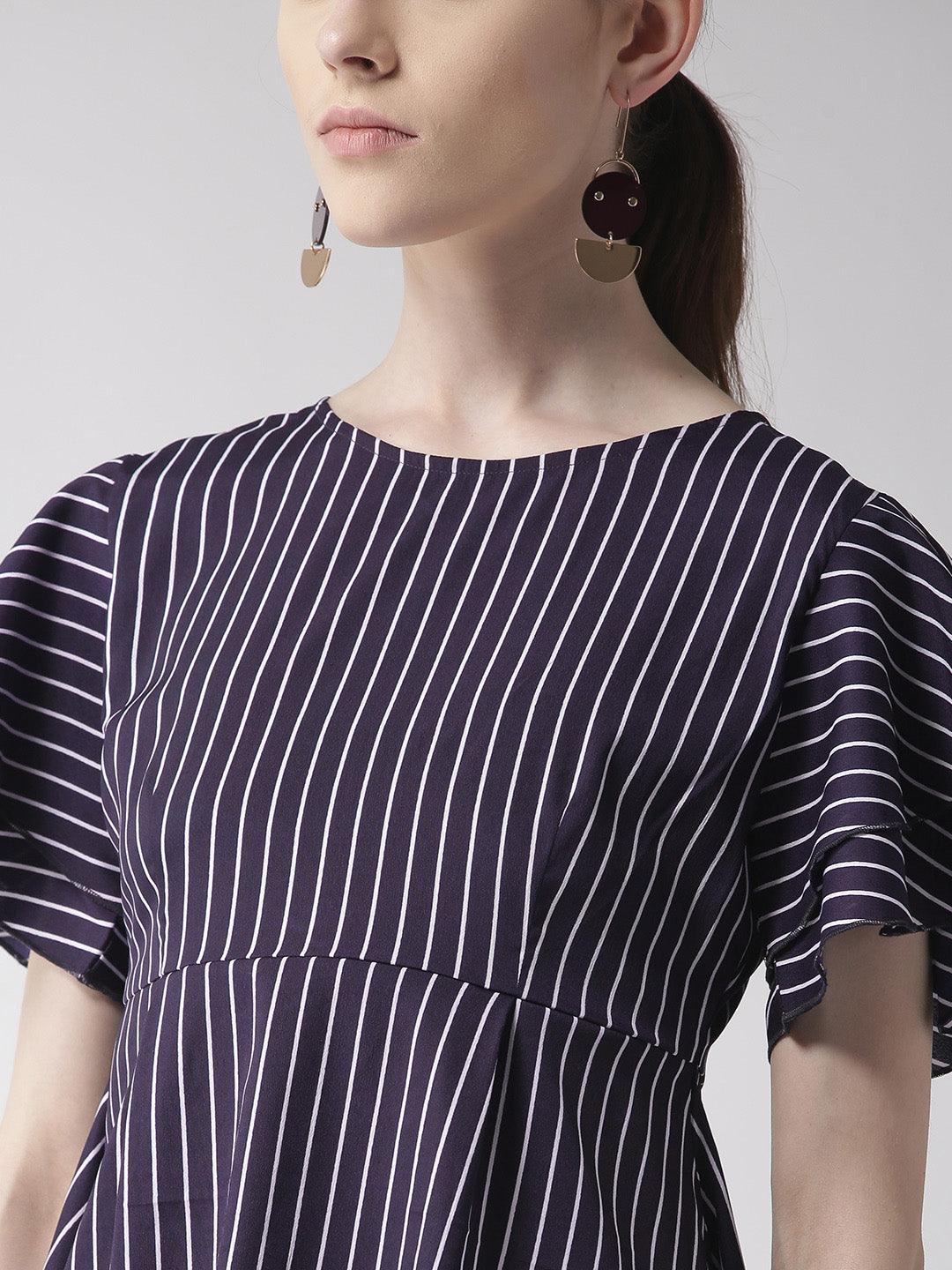 Women Navy Blue & White Striped A-Line Top-Tops-StyleQuotient