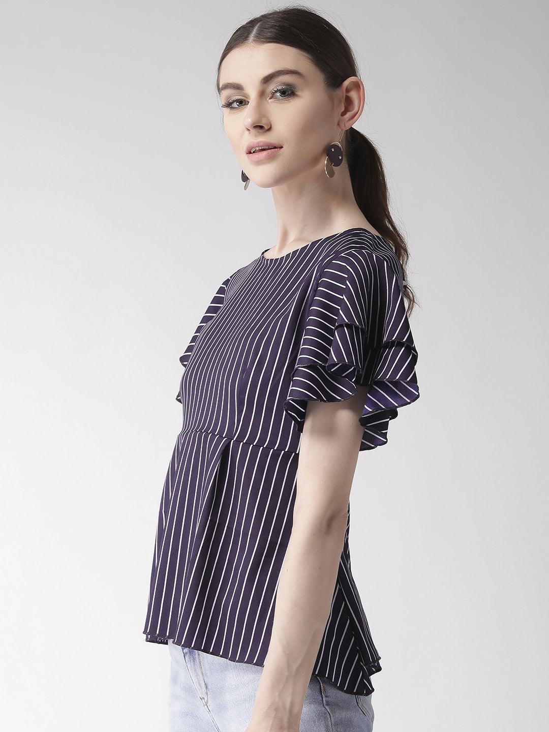 Women Navy Blue & White Striped A-Line Top-Tops-StyleQuotient