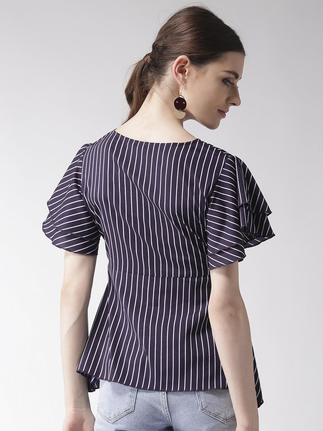 Women Navy Blue & White Striped A-Line Top-Tops-StyleQuotient