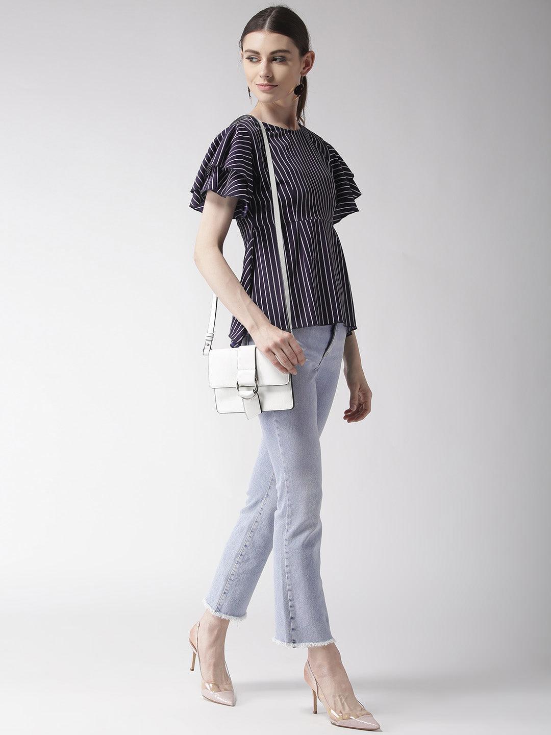 Women Navy Blue & White Striped A-Line Top-Tops-StyleQuotient