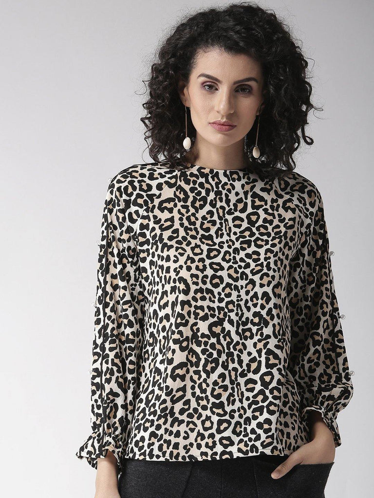 Women Beige & Black Animal Print Top-Tops-StyleQuotient