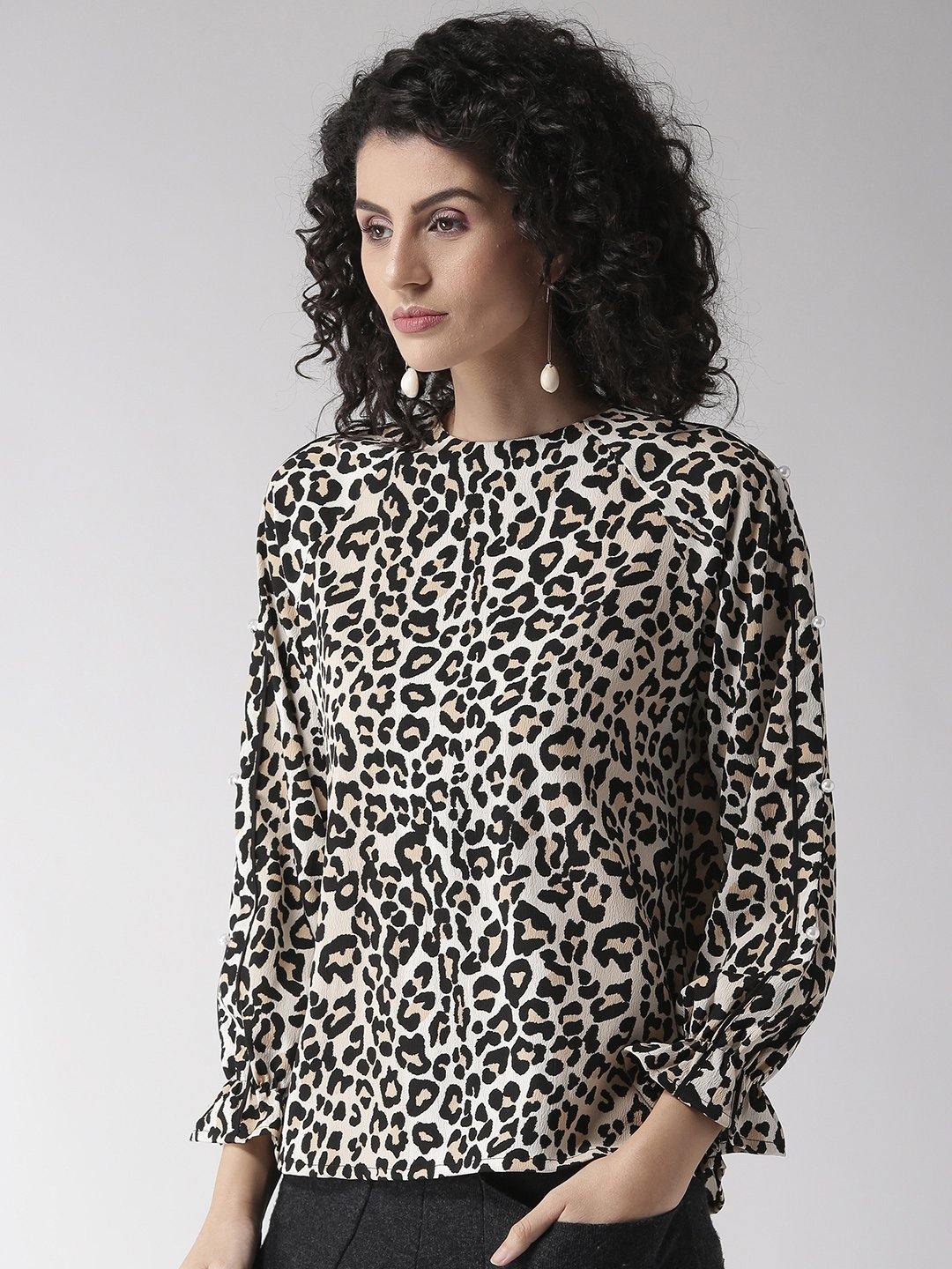 Women Beige & Black Animal Print Top-Tops-StyleQuotient