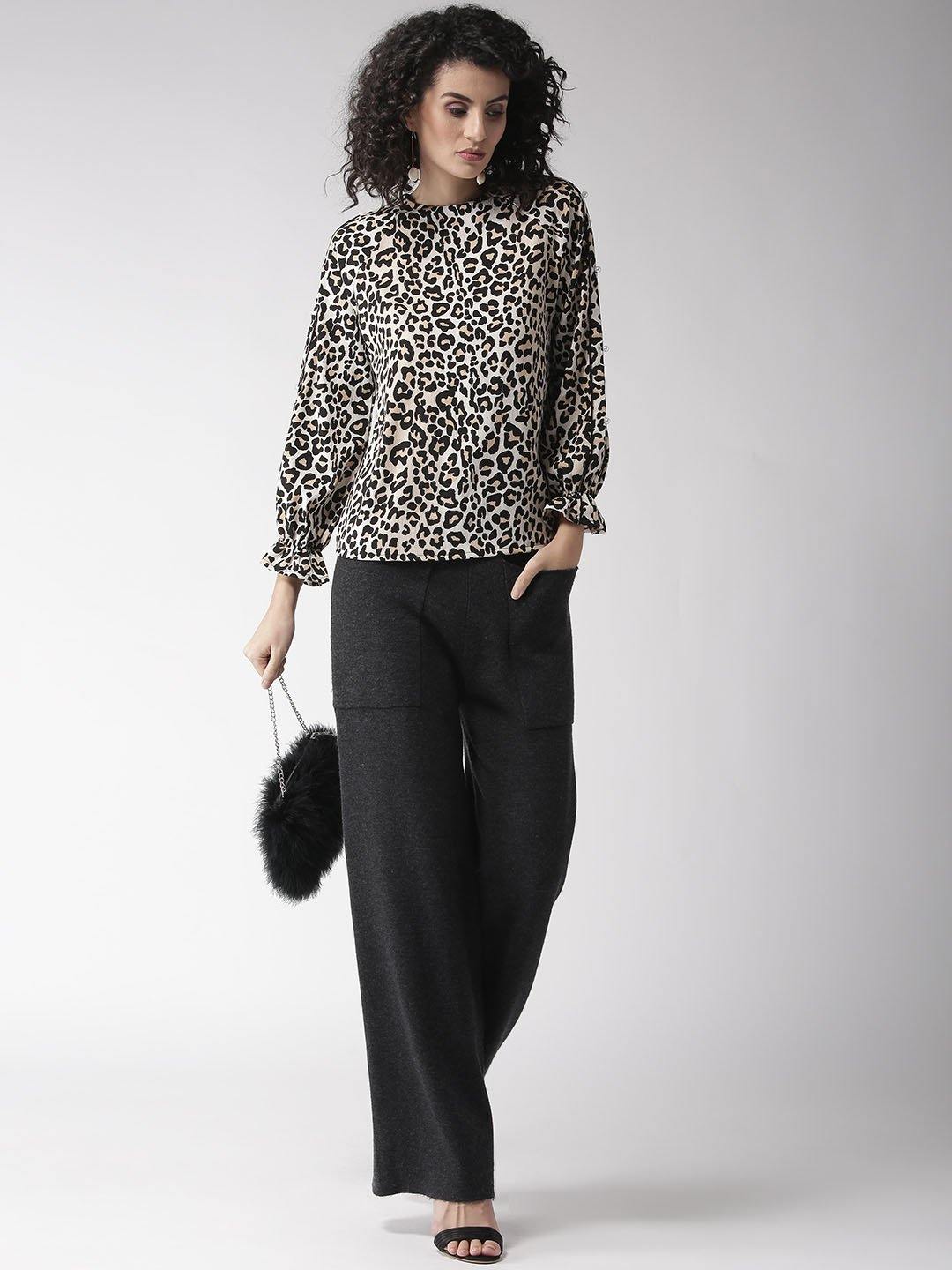 Women Beige & Black Animal Print Top-Tops-StyleQuotient