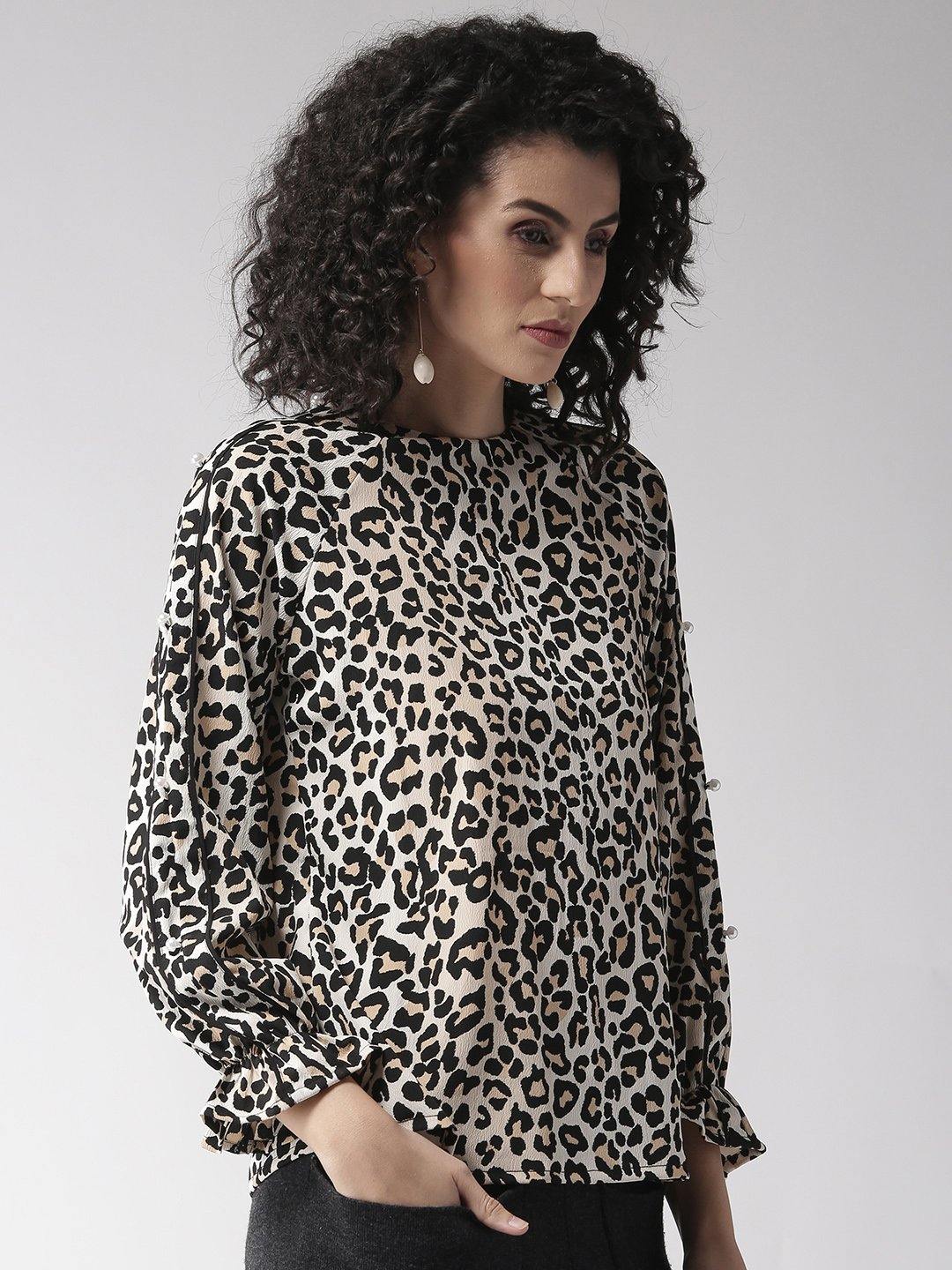 Women Beige & Black Animal Print Top-Tops-StyleQuotient