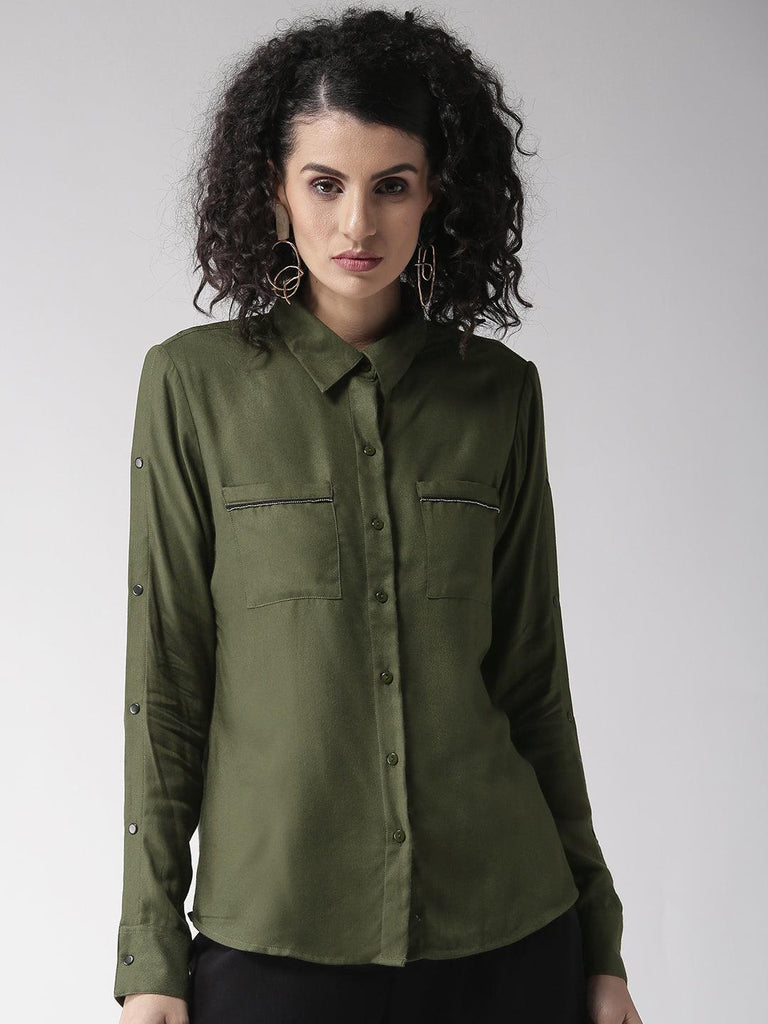 Women Olive Green Regular Fit Solid Casual Shirt-Shirts-StyleQuotient