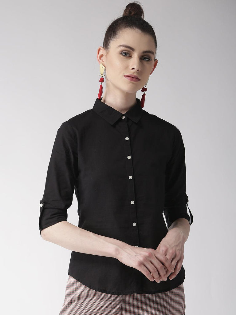 Women Black Regular Fit Solid Casual Shirt-Shirts-StyleQuotient