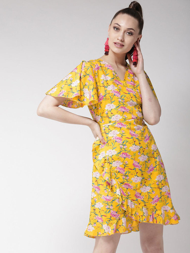 Women Mustard Yellow & Pink Printed Wrap Dress-Dresses-StyleQuotient