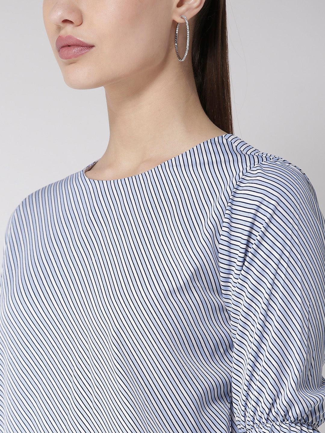 Style Quotient Women White And Multi Stripe Printed Polyester Smart Casual Top-Tops-StyleQuotient