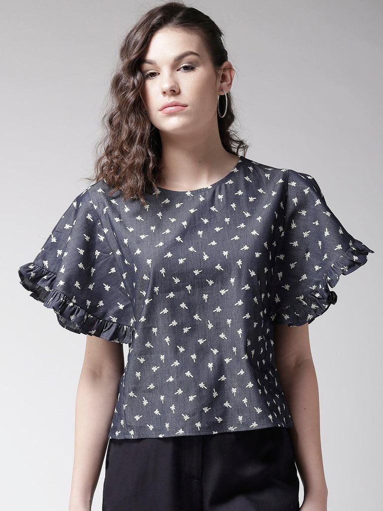 Women Blue Printed Chambray Top-Tops-StyleQuotient