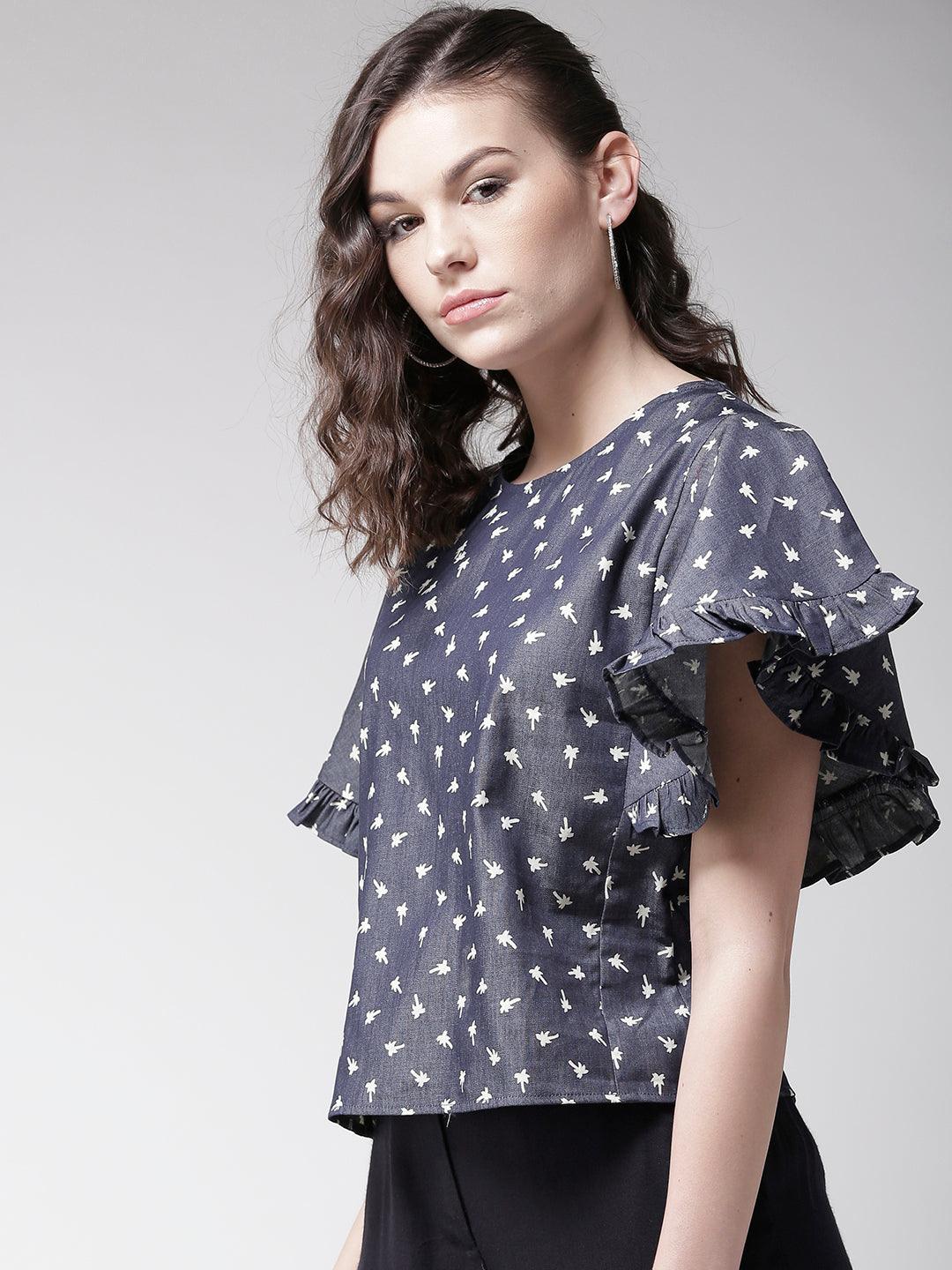 Women Blue Printed Chambray Top-Tops-StyleQuotient