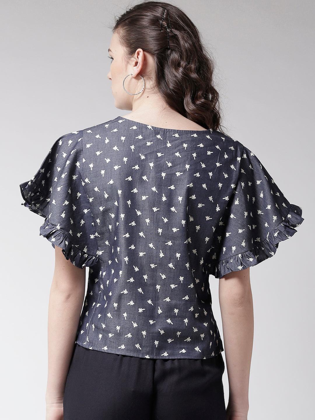 Women Blue Printed Chambray Top-Tops-StyleQuotient