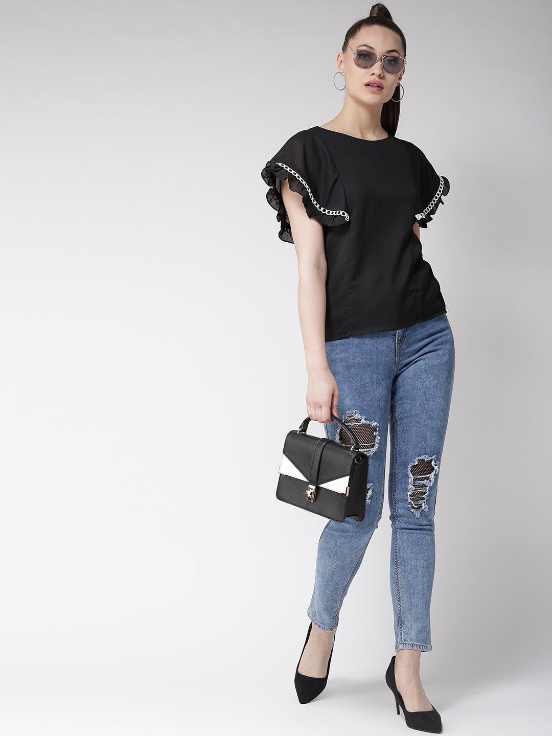 Women Black Solid Top-Tops-StyleQuotient