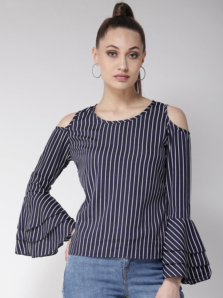 Women Navy Blue & White Striped Top-Tops-StyleQuotient