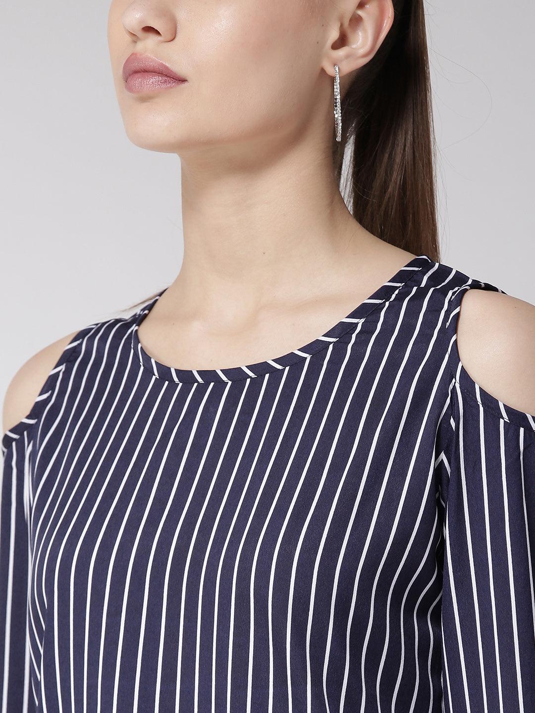 Women Navy Blue & White Striped Top-Tops-StyleQuotient