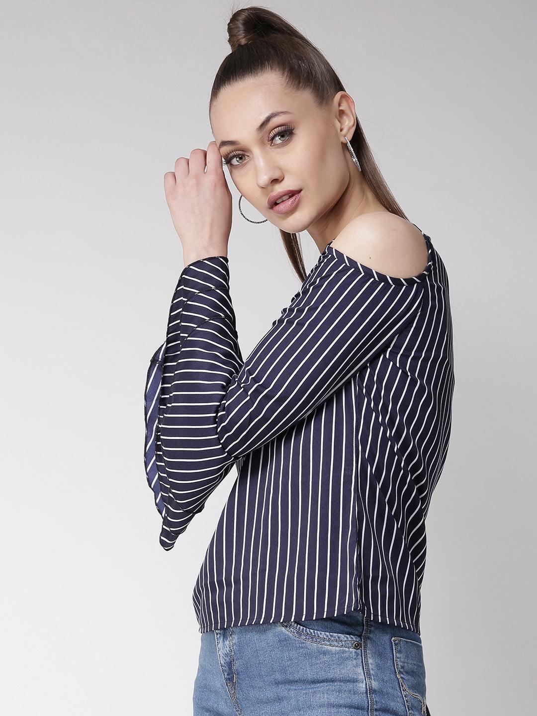 Women Navy Blue & White Striped Top-Tops-StyleQuotient