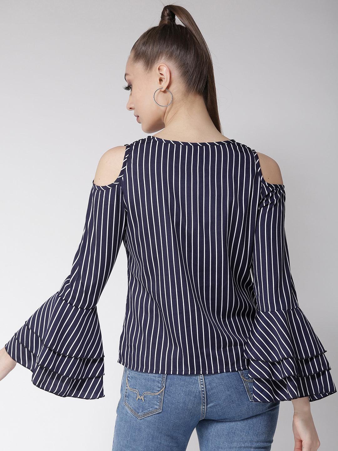 Women Navy Blue & White Striped Top-Tops-StyleQuotient