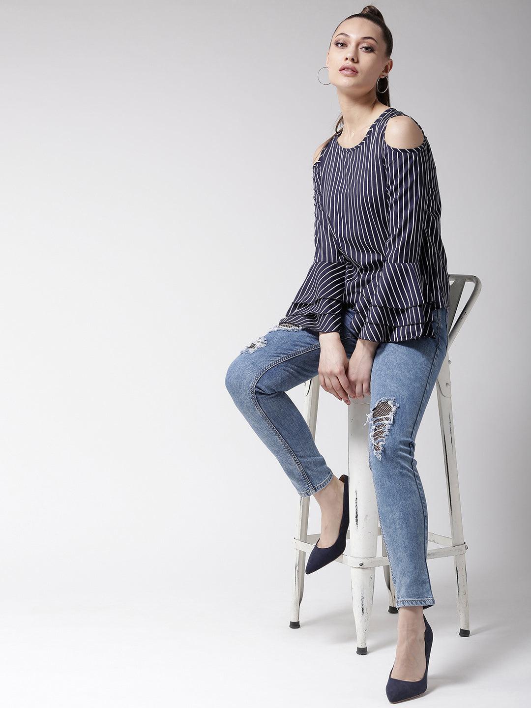 Women Navy Blue & White Striped Top-Tops-StyleQuotient