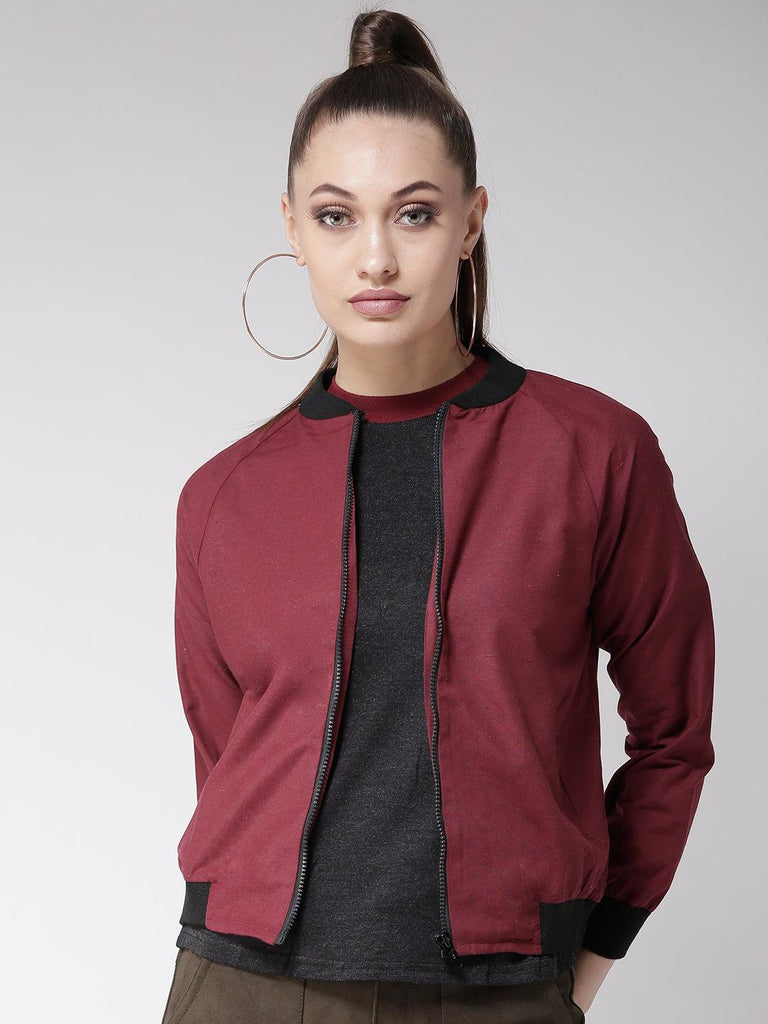 Women Maroon Solid Bomber Jacket-Jackets-StyleQuotient