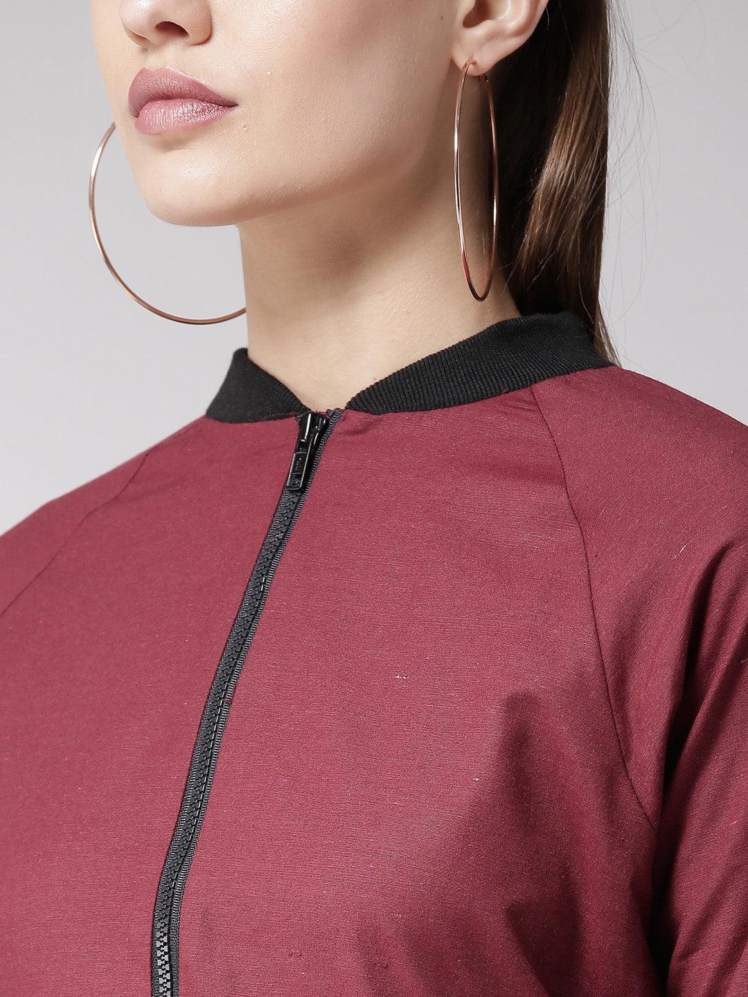 Women Maroon Solid Bomber Jacket-Jackets-StyleQuotient