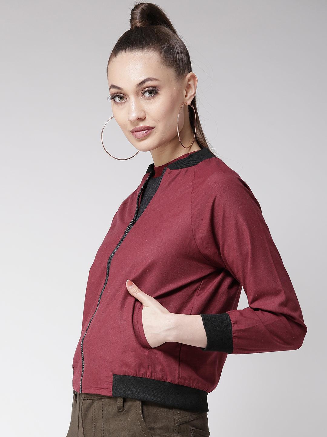 Women Maroon Solid Bomber Jacket-Jackets-StyleQuotient