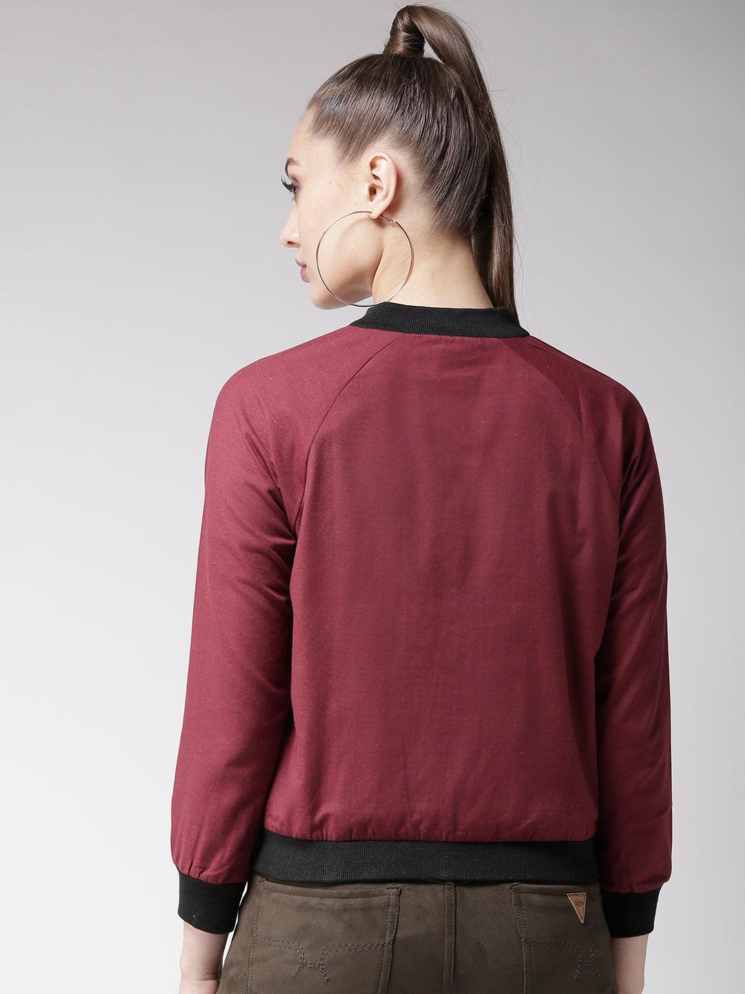 Women Maroon Solid Bomber Jacket-Jackets-StyleQuotient