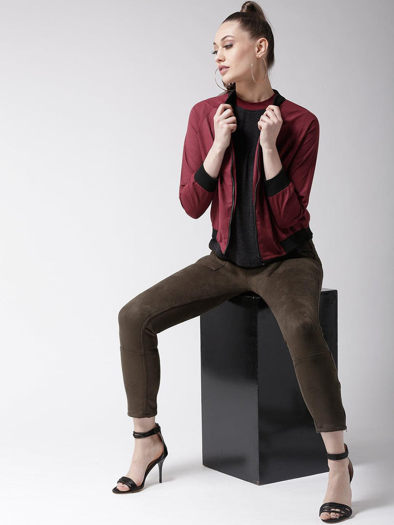 Women Maroon Solid Bomber Jacket-Jackets-StyleQuotient