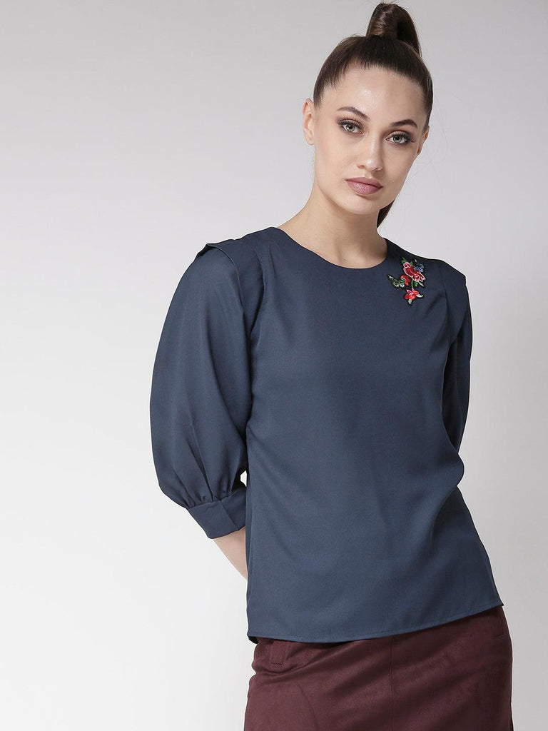 Women Navy Blue Solid Top-Tops-StyleQuotient