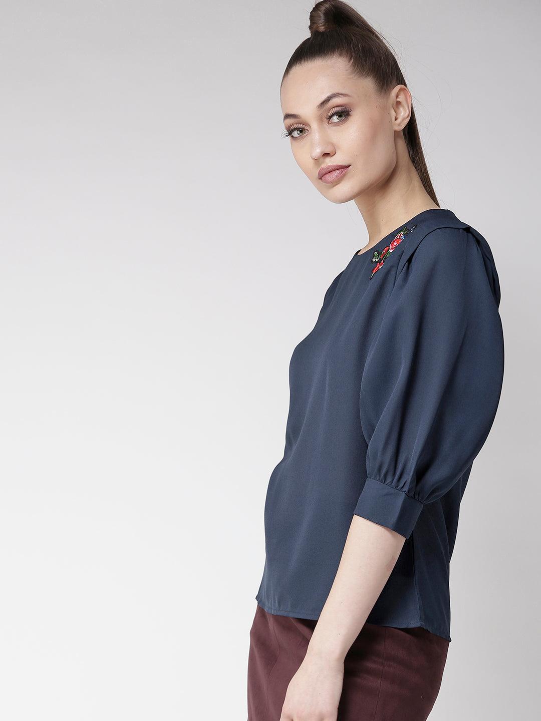 Women Navy Blue Solid Top-Tops-StyleQuotient